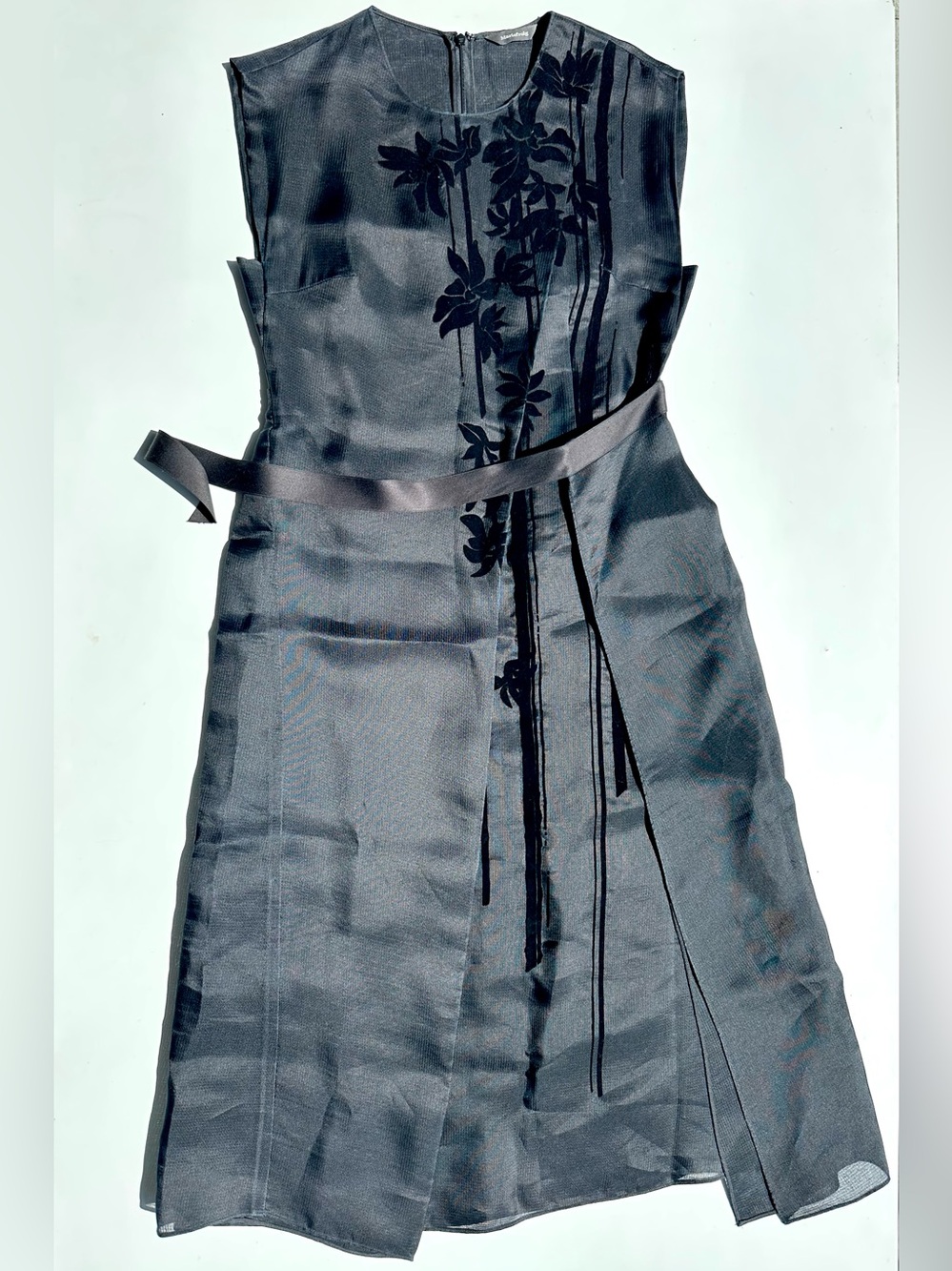 Marisfrolg Mulberry Silk Sleeveless Black Floral-Accent A-Line Maxi Dress Wrap M
